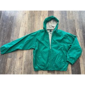Lands End Mens Green Hooded Windbreaker Jacket Full Zip Jersey Lined Large 42-44